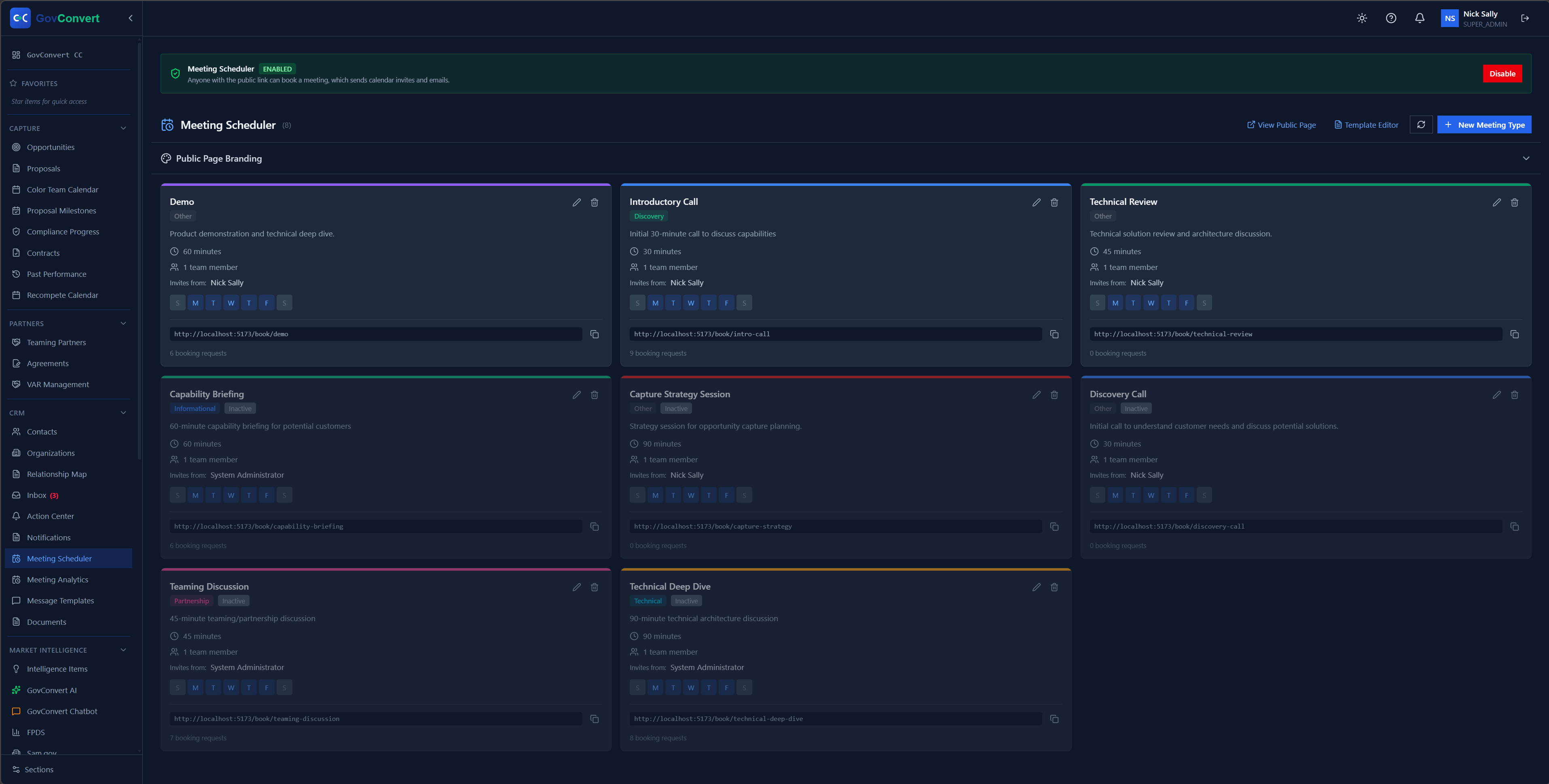 Publish meeting types for demos, capability briefings, and teaming discussions, each with its own duration, host, and weekday availability.