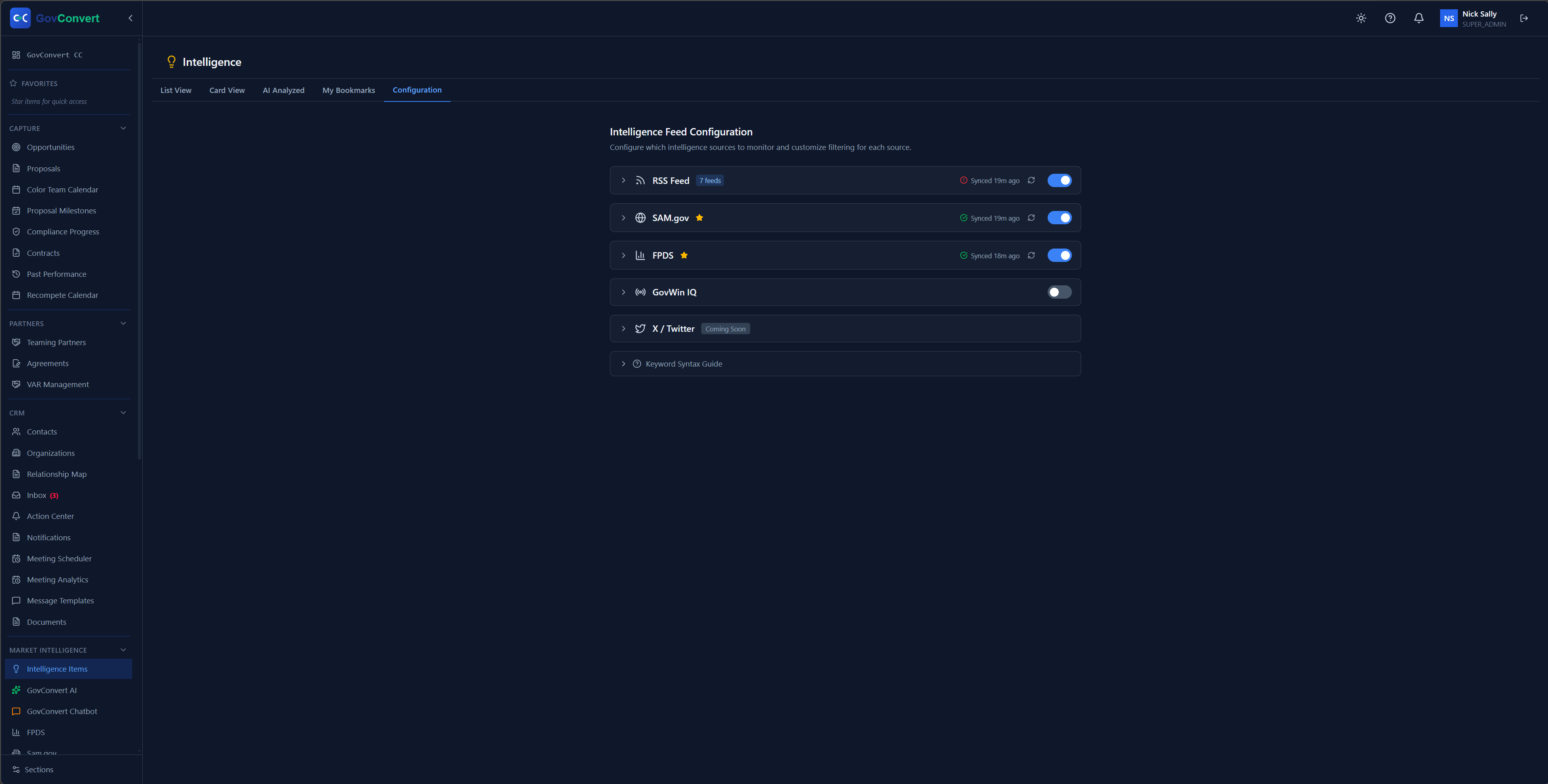Turn SAM.gov, FPDS, and your news feeds on or off from one source list, with last-sync times on every row.