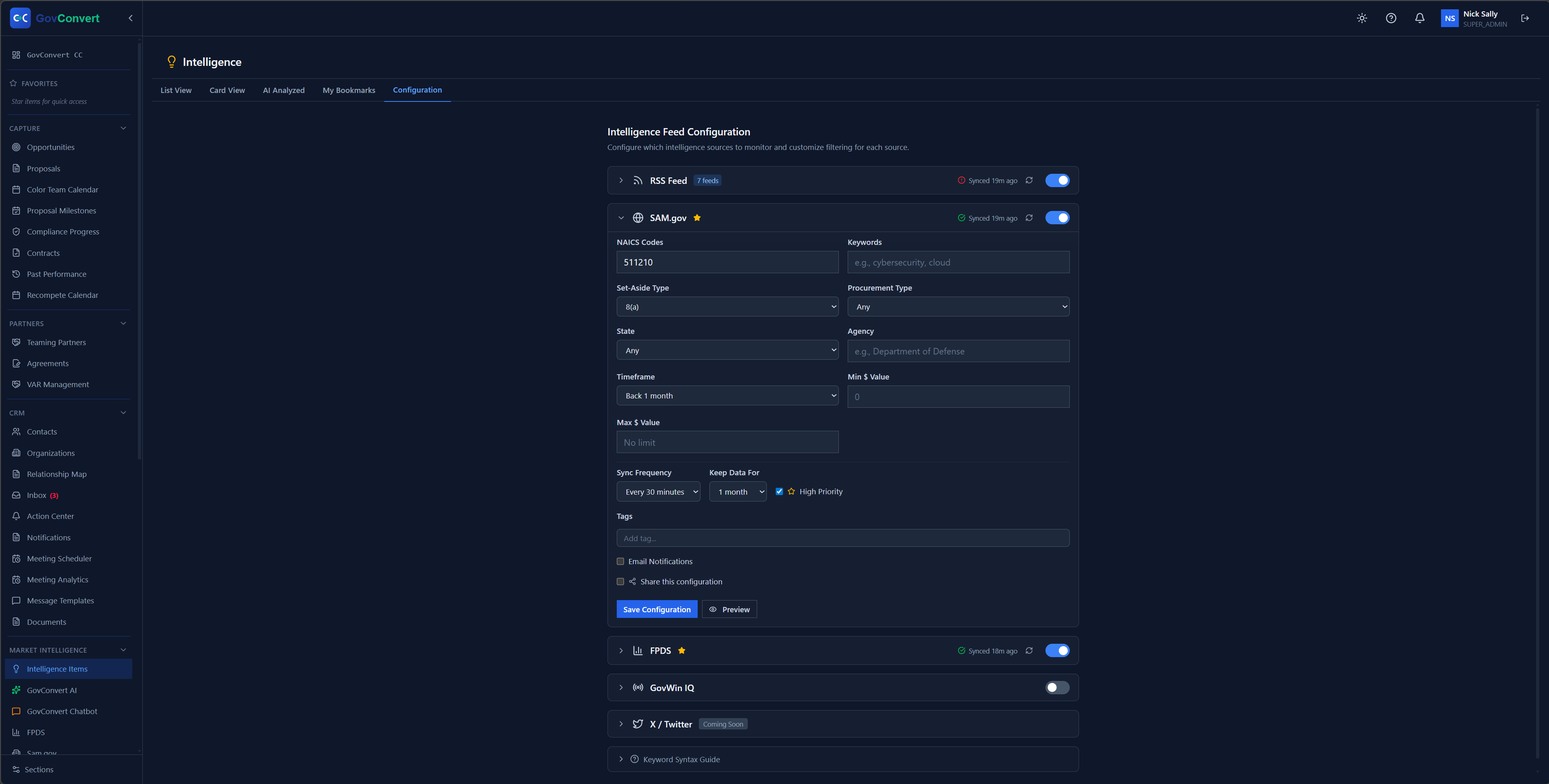 Set NAICS codes, set-asides, agencies, and dollar thresholds once. The Intelligence Feed then pulls matching solicitations every 30 minutes.