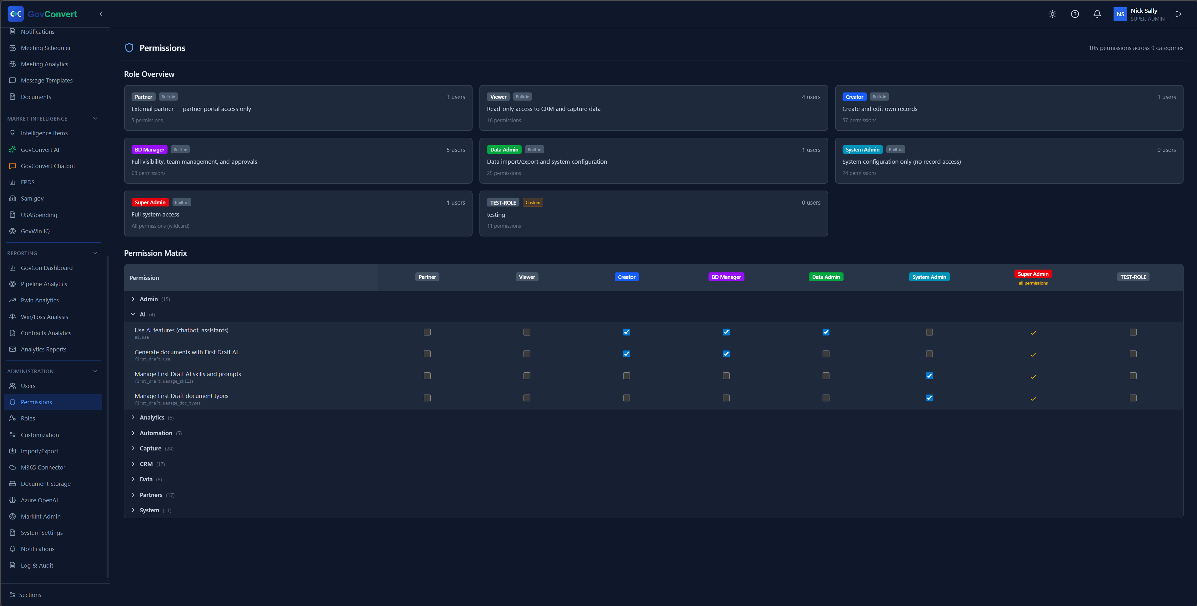 105 permissions across 9 categories, mapped role by role, so each person sees only what their job needs.