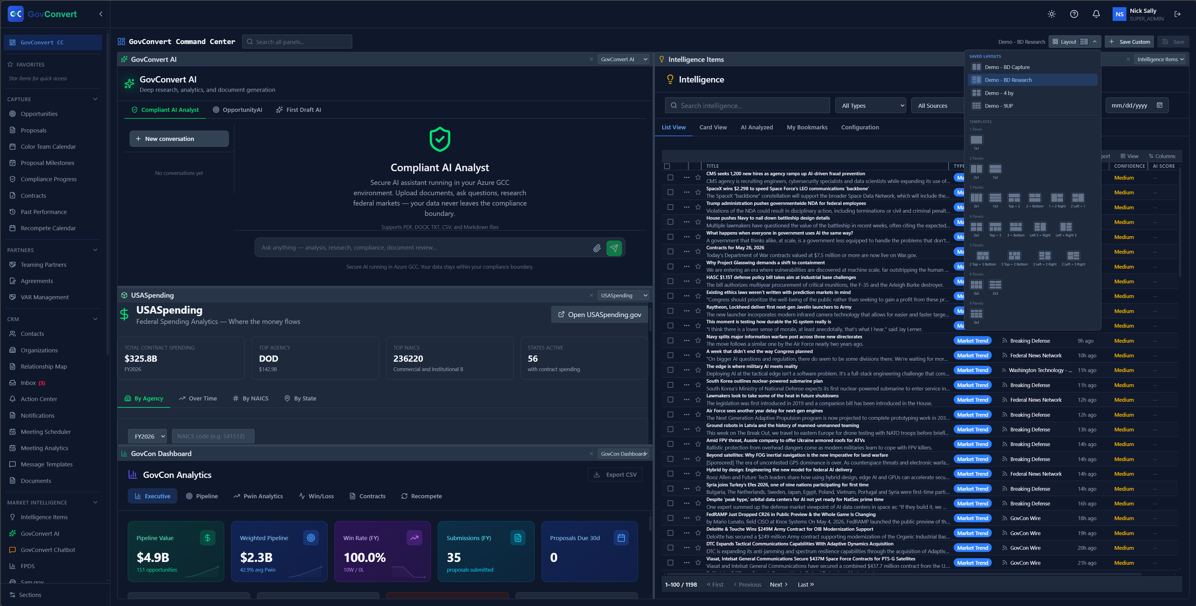 See the whole operation on one screen: pipeline value, federal spending by agency, win-rate analytics, and the Intelligence Feed side by side.