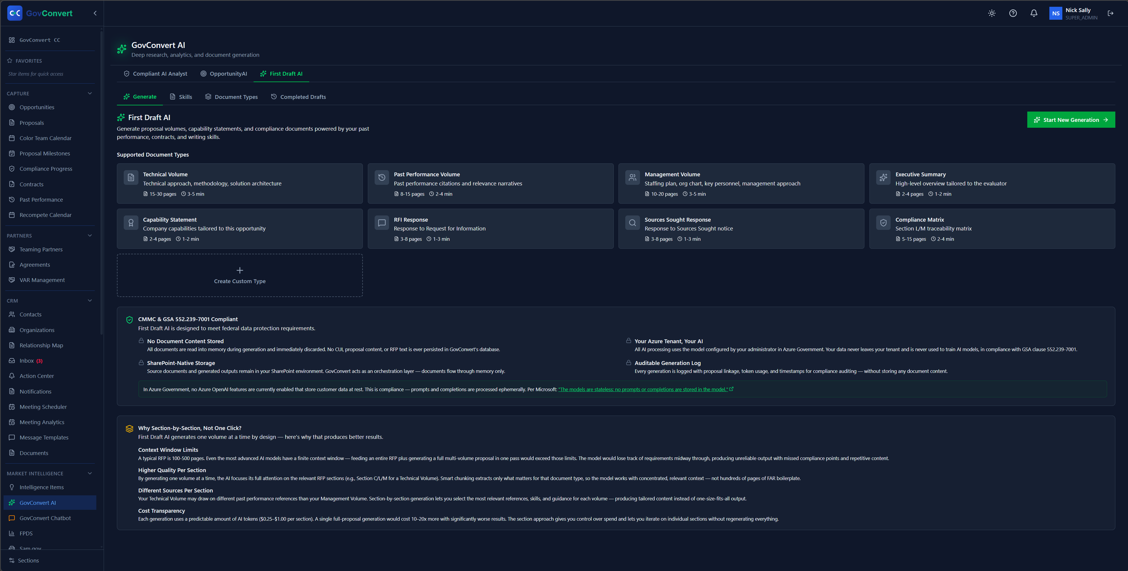 GovConvert First Draft AI producing a proposal section from the customer’s own templates and past performance