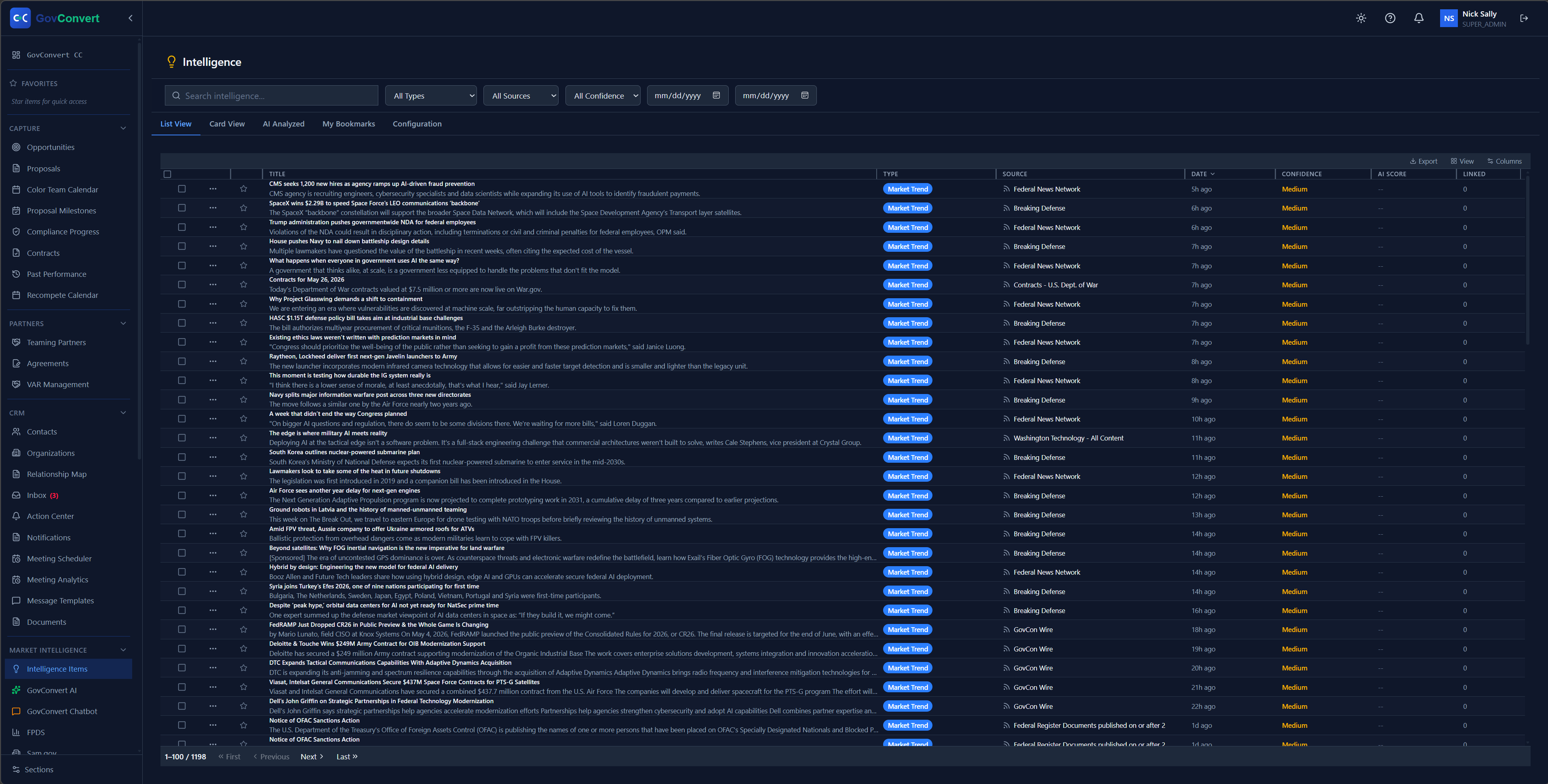 Intelligence Feed results filtered by NAICS code, set-aside, and agency with automated SAM.gov matches